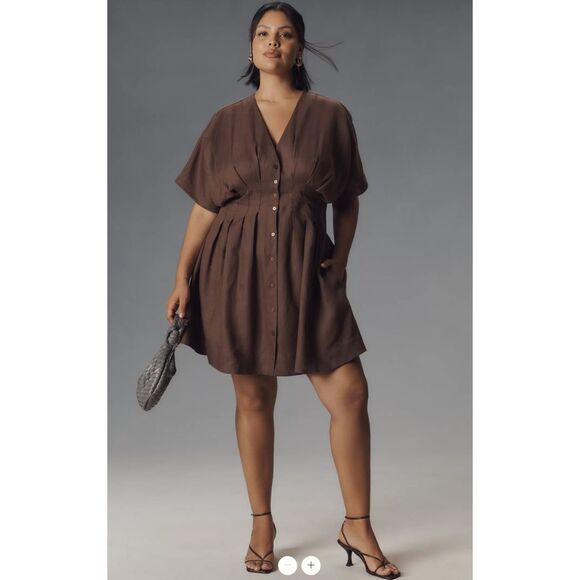 New Anthropologie The Tobie Button-Front Pleated Shirt Dress by Exquise: Linen s - Picture 2 of 8